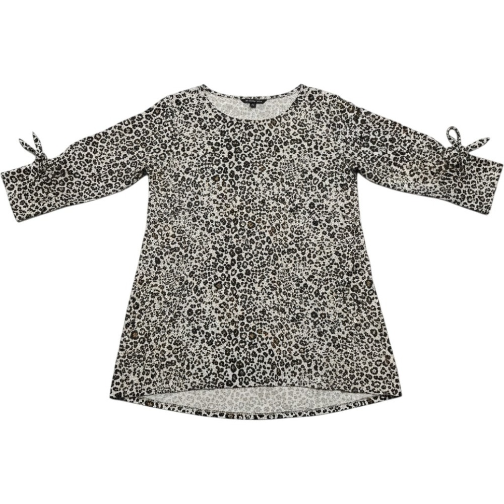 Zac & Rachel Top Leopard Print Gray Ruched Tie Sleeve Knit Blouse 2X Women